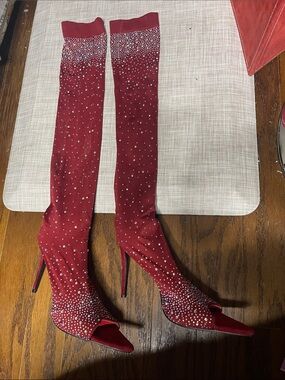 Elegant thigh-high Red Embellished Over-the-Knee nylon Heeled Boots